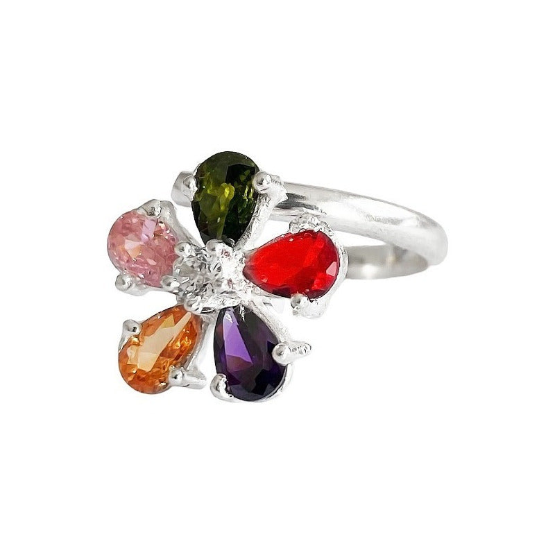 Anillo Flor 5 Pétalos Con Zirconias De Colores De Plata .925
