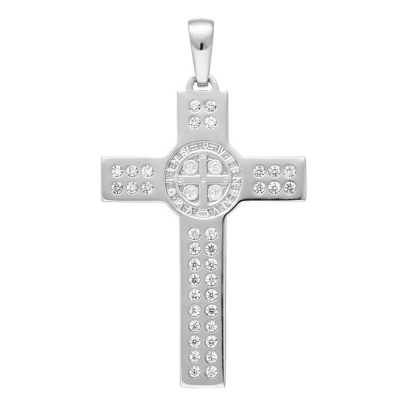 Dije Doble Vista Cruz San Benito Plata 925 Zirconias 3 Cm Blanco