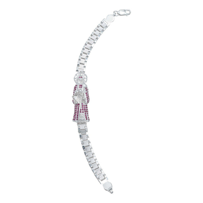 Pulsera Rolo Gruesa Santa Muerte Grande Zirconias Plata 925