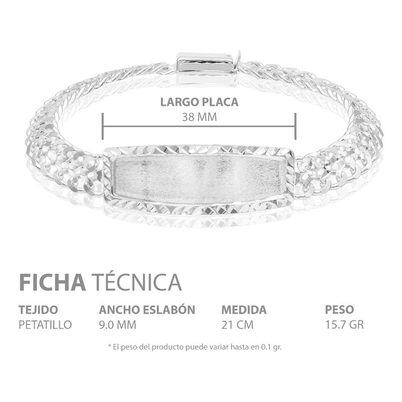 Joyaris Esclava Petatillo Placa Diamantada Plata 925 Hombre Plateado 21 Cm