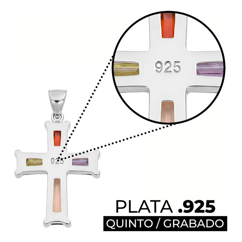 Dije Cruz Fina Rodizada De Plata Ley .925 Zirconias 2.2 Cm Multicolor