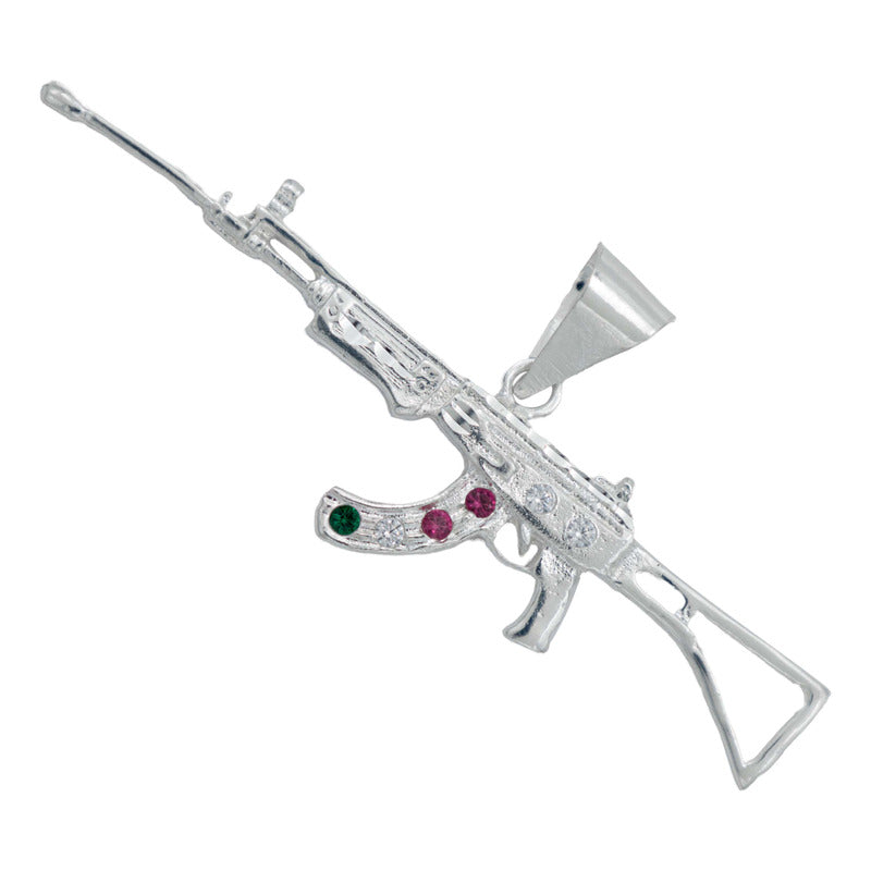 Dije Mediano Rifle Ak 47 Cuerno De Chivo Plata Solida S925