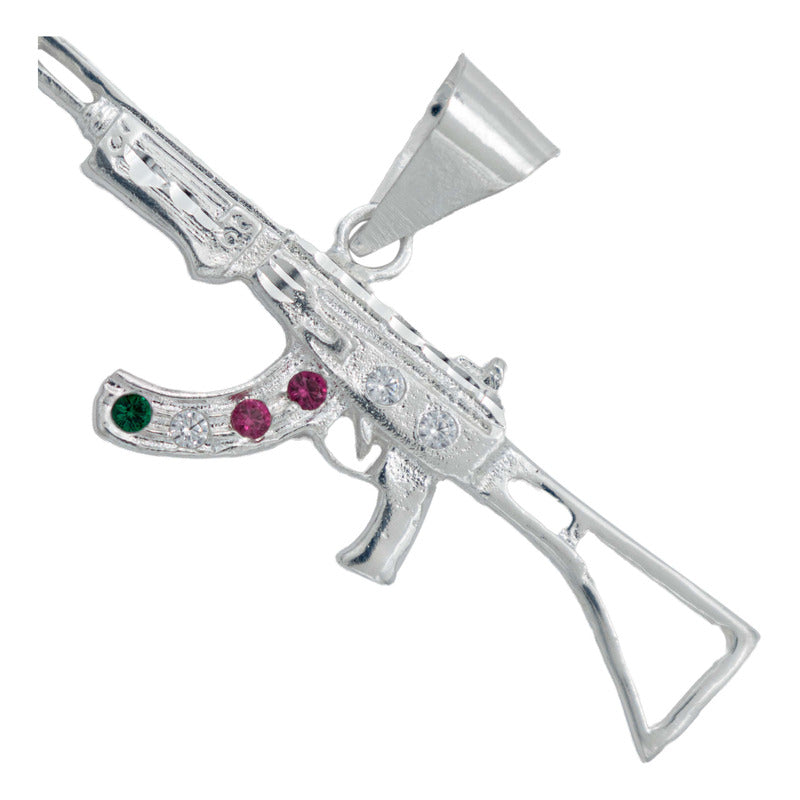 Dije Mediano Rifle Ak 47 Cuerno De Chivo Plata Solida S925