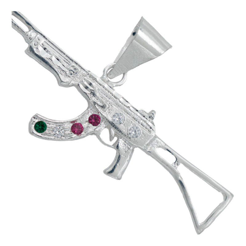Dije Mediano Rifle Ak 47 Cuerno De Chivo Plata Solida S925