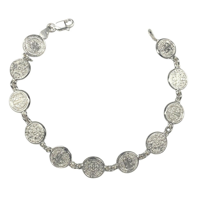 Pulsera San Benito Pequeña Medalla Plata Pura Solida Ley 925