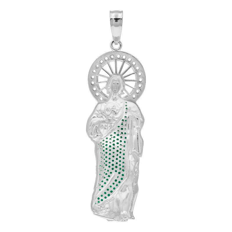 Dije Medalla Grande San Judas Tadeo Zirconias Plata925 6.1cm Verde