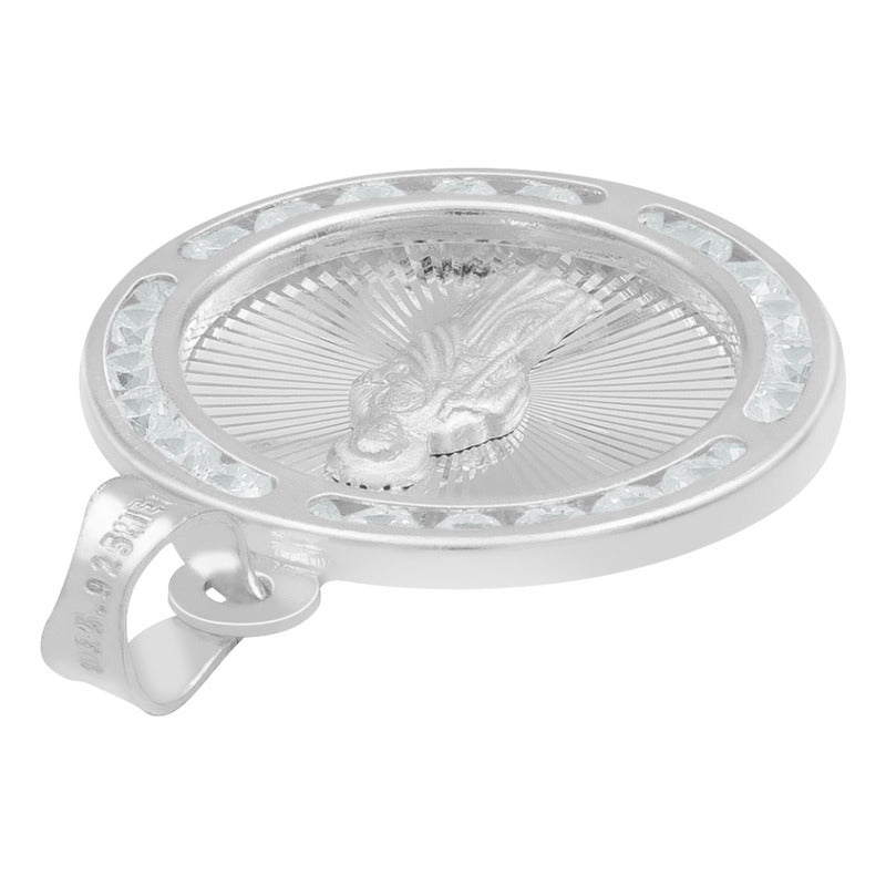 Dije Medalla Diamantada San Judas Zirconias Plata 925 1.8 Cm Blanco