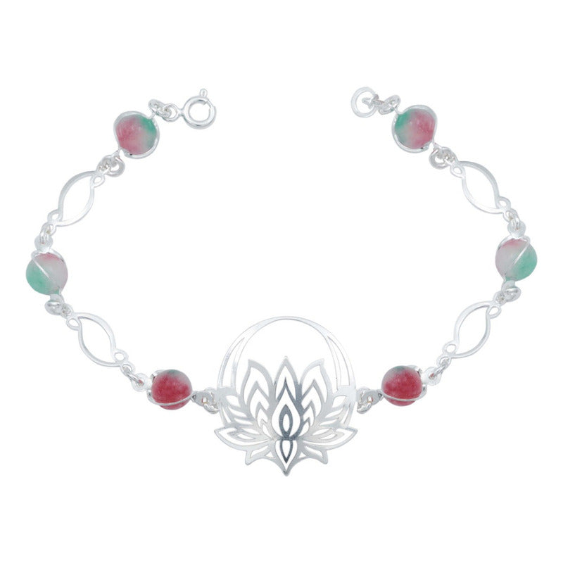 Pulsera Flor De Loto Piedra Natural Cuarzo Mujer Plata 925