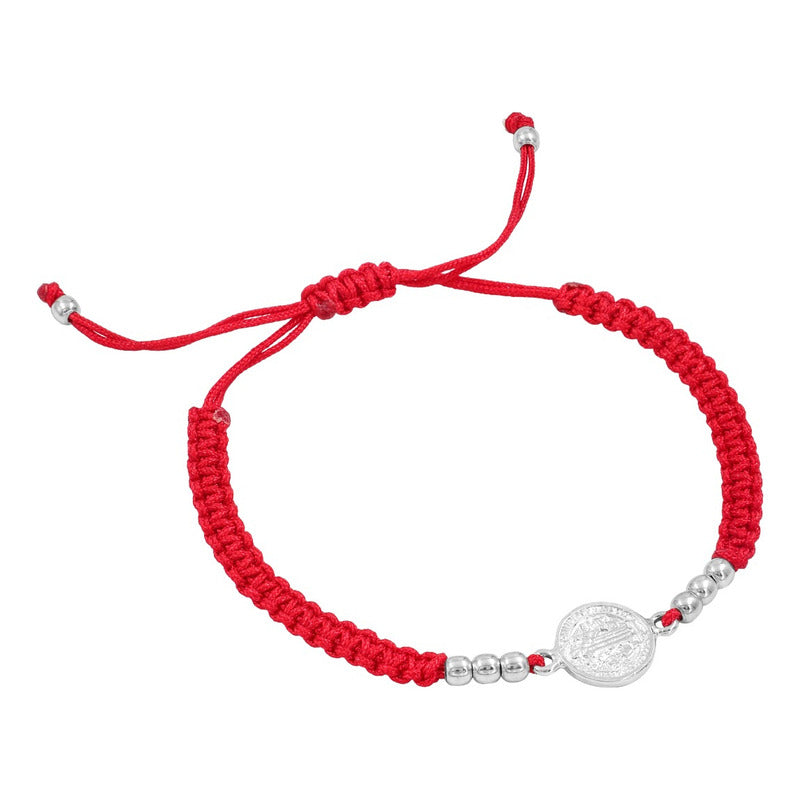Pulsera Ajustable Hilo Amuleto Medalla San Benito Plata 925 Rojo