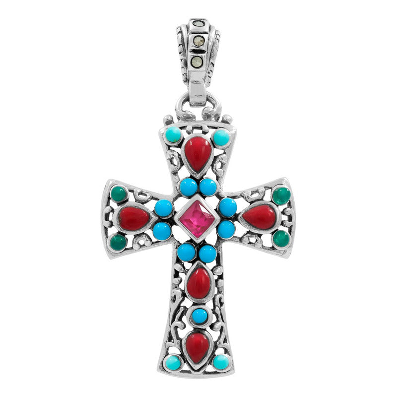 Dije Cruz Grande Plata 925 Piedra Natural Zirconia 4.3 Cm Rojo Fucsia