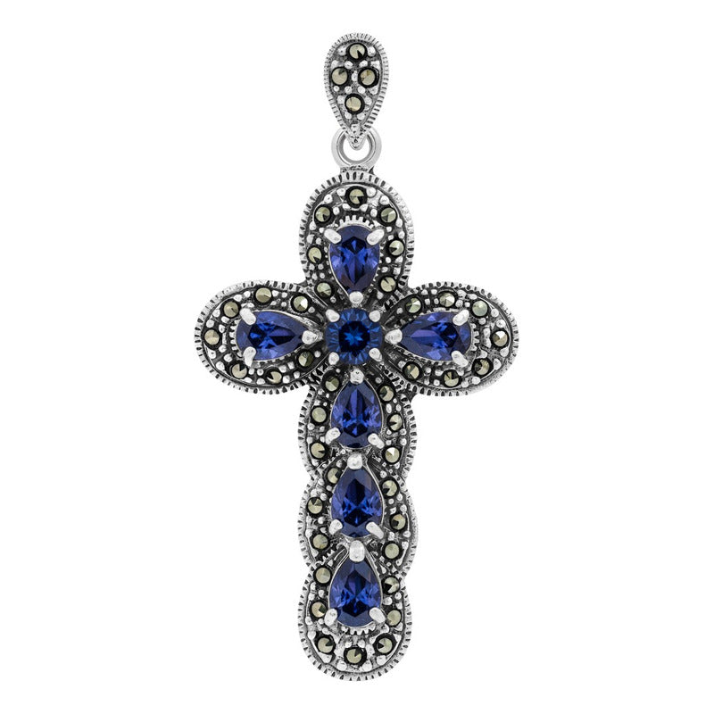 Dije Cruz Grande Rodizada De Plata Ley .925 Zirconias 5.2 Cm - Azul