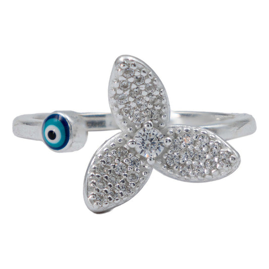 Anillo Ajustable Ojo Turco Flor Zirconias Mujer Plata 925