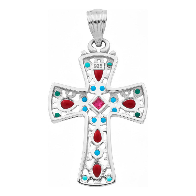 Dije Cruz Grande Plata 925 Piedra Natural Zirconia 4.3 Cm Rojo Fucsia