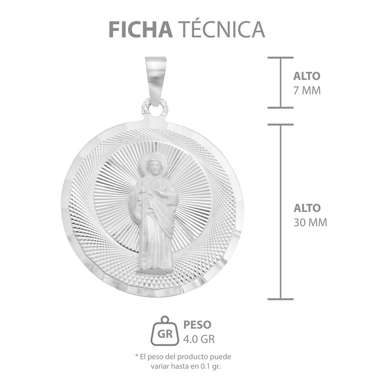 Dije Medalla Diamantado Redondo San Judas Plata 925 3 Cm