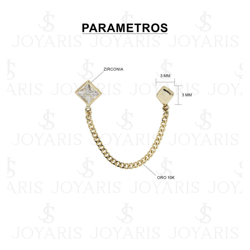Arete Doble Broquel Cuadro Cadena Zirconias Mujer Oro 10k