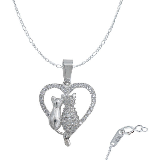 Collar Corazón Grande Gatos Zirconias Amor Regalo Plata 925