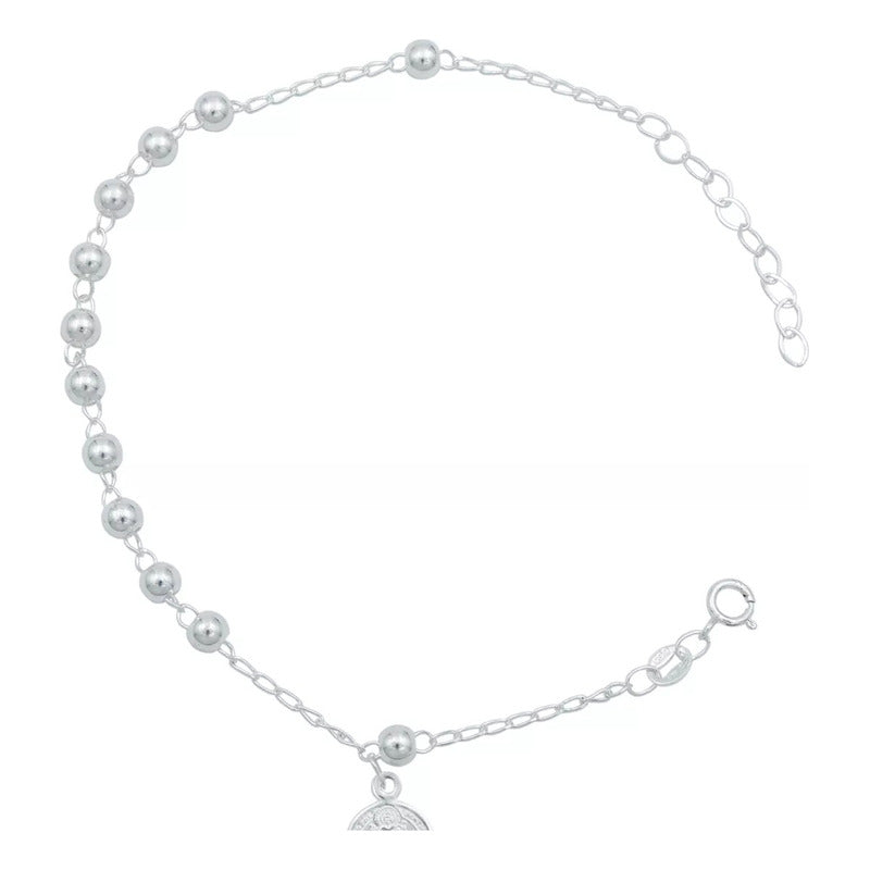 Pulsera Misterio San Benito Bola Lisa 4 Mm Unisex Plata S925 Plateado 6 Cm 18 Cm