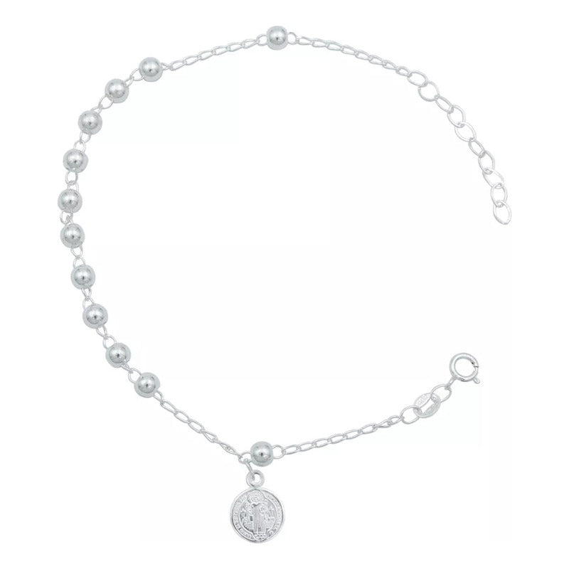 Pulsera Misterio San Benito Bola Lisa 4 Mm Unisex Plata S925 Plateado 6 Cm 18 Cm
