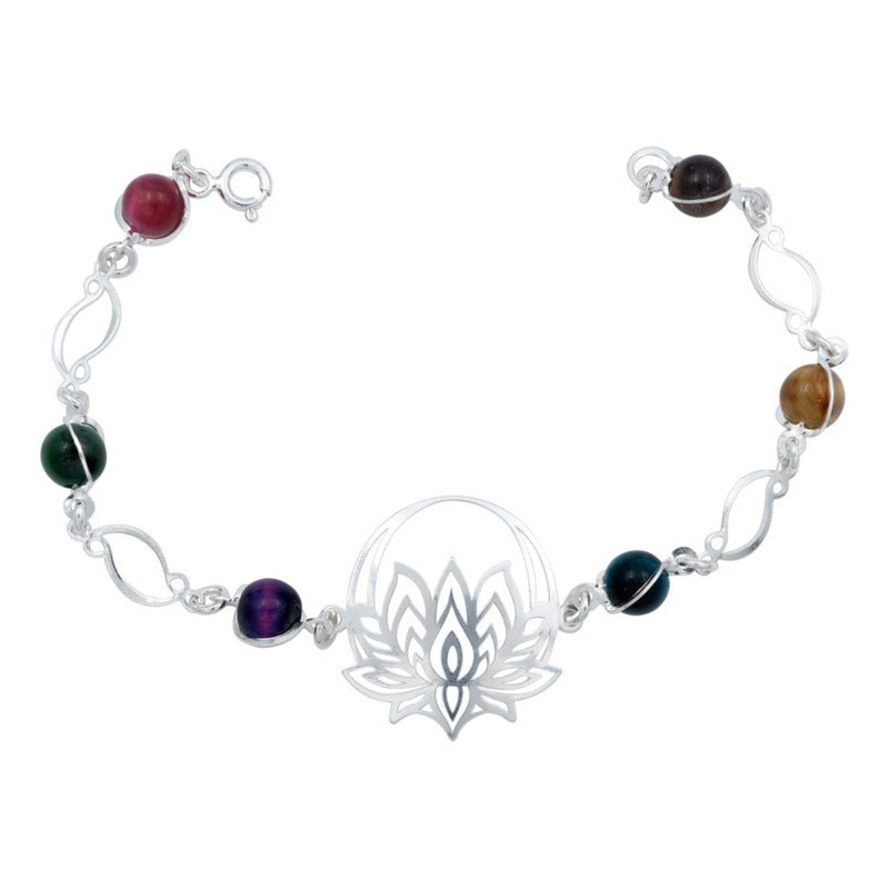 Pulsera Flor De Loto Piedra Natural Cuarzo Mujer Plata 925