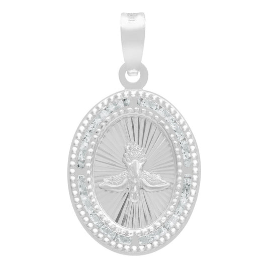 Dije Medalla Oval Espiritu Santo Zirconias Plata 925 1.4 Cm Blanco