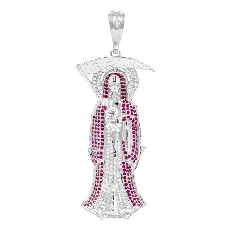 Dije Medalla Grande Santa Muerte Zirconias Plata 925 7.7 Cm - Fucsia