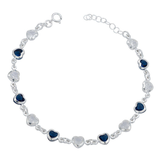 Pulsera Corazones Zirconias Amor Mujer Plata 925 Color Azul Blanco Largo 21 Cm Ajustable