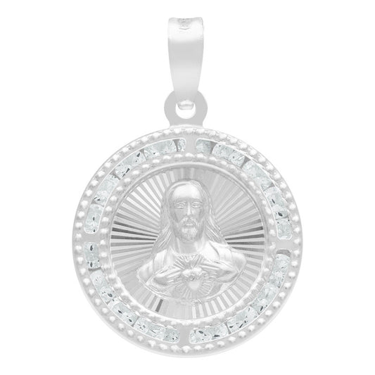 Dije Medalla Sagrado Corazón Zirconias Plata 925 1.6 Cm Blanco