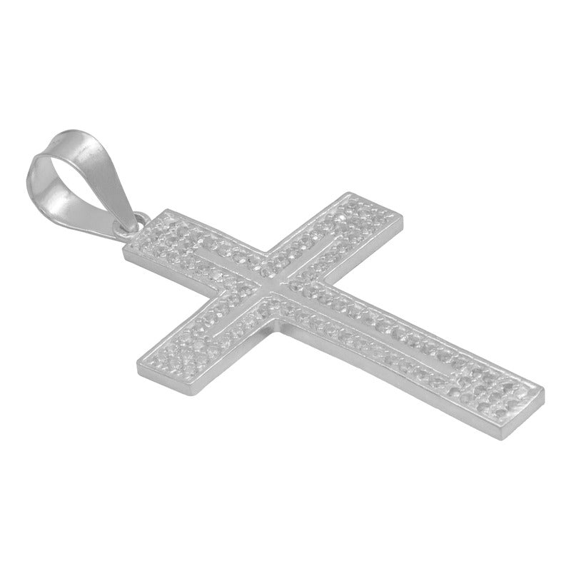 Dije Cruz Grande Plana Zirconias Hombre Plata 925 4.6 Cm Blanco
