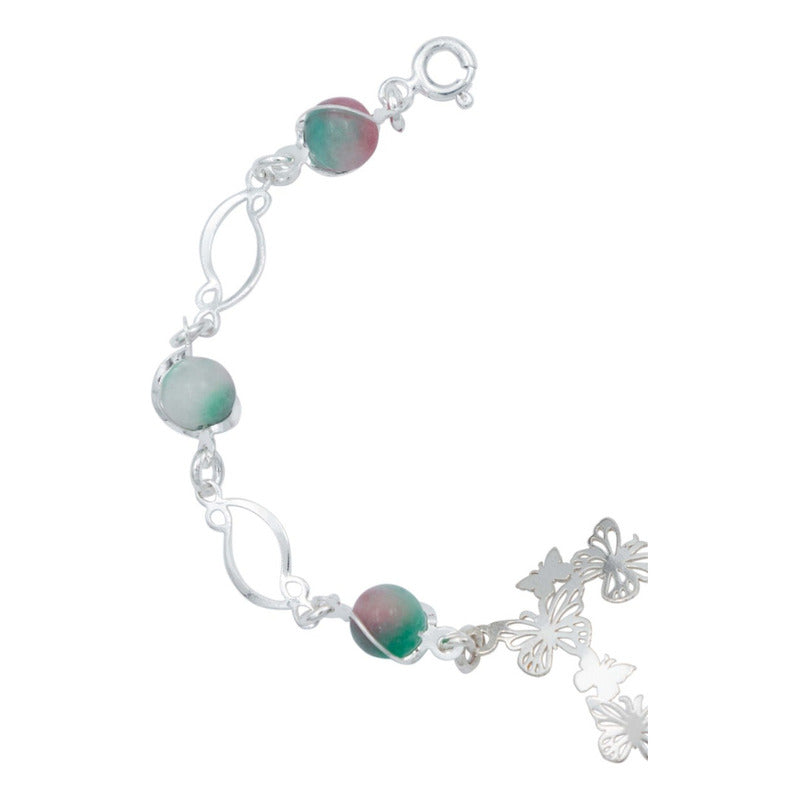 Pulsera Corazón Mariposas Piedra Natural Cuarzo Plata 925