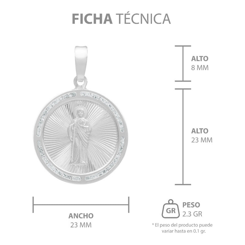 Dije Medalla Diamantada San Judas Zirconias Plata 925 2.3 Cm Blanco