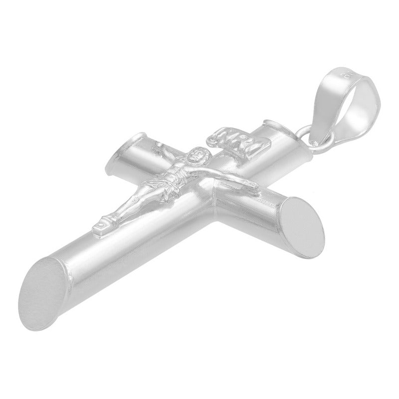 Dije Cruz Tubo Tubular Lisa Cristo Hombre Plata 925 3.6 Cm Plateado