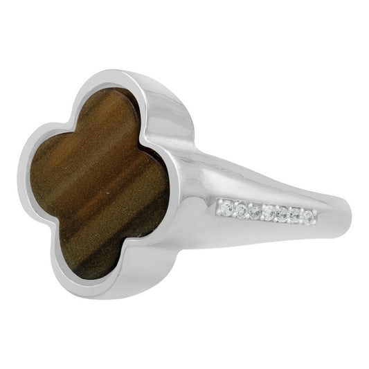 Anillo Grande Hombre Mujer Trebol Esmaltado Resina Plata 925 Café 8.5