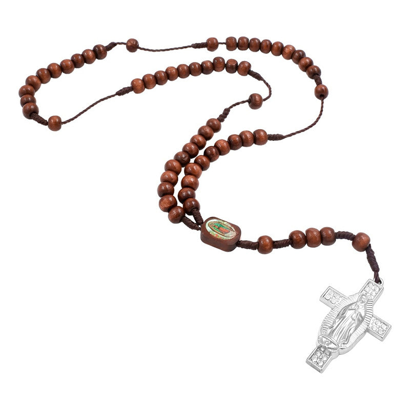 Rosario De Madera Con Cruz De La Virgen De Guadalupe Metal Marrón