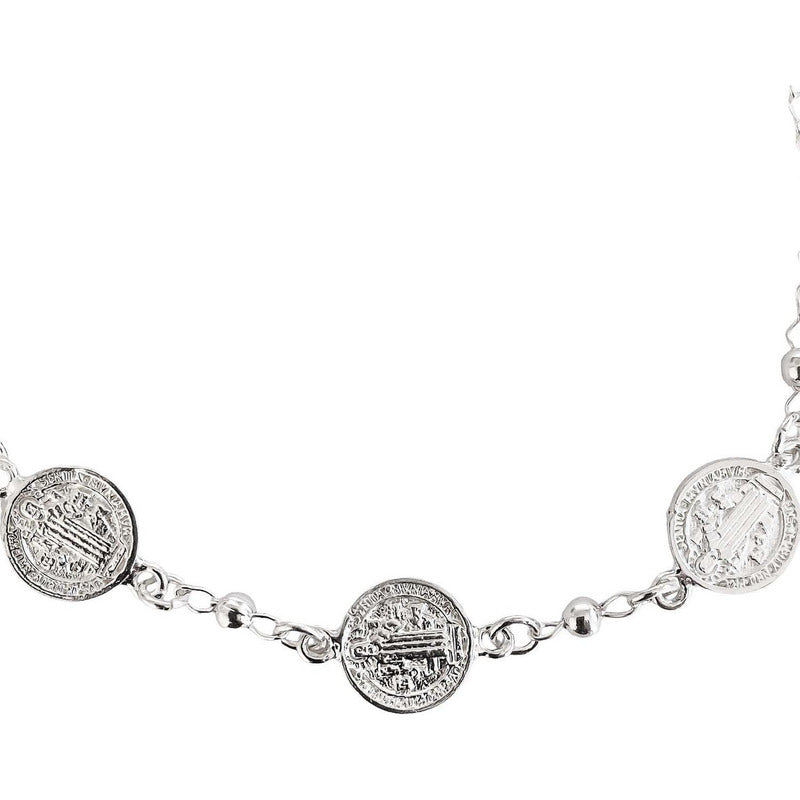 Pulsera Con 3 Medallas De San Benito Plata Fina Ley 925 Plateado 6 Cm 17 Cm