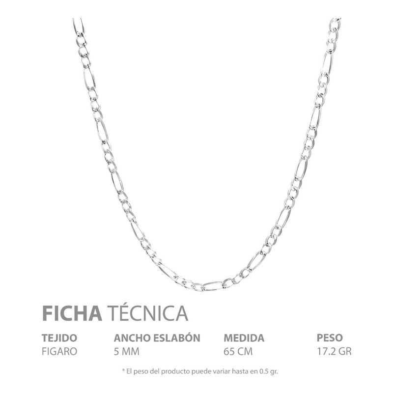 Cadena Figaro 3x1 Diamantada Hombre Plata 925 65 Cm X 5 Mm Plateado