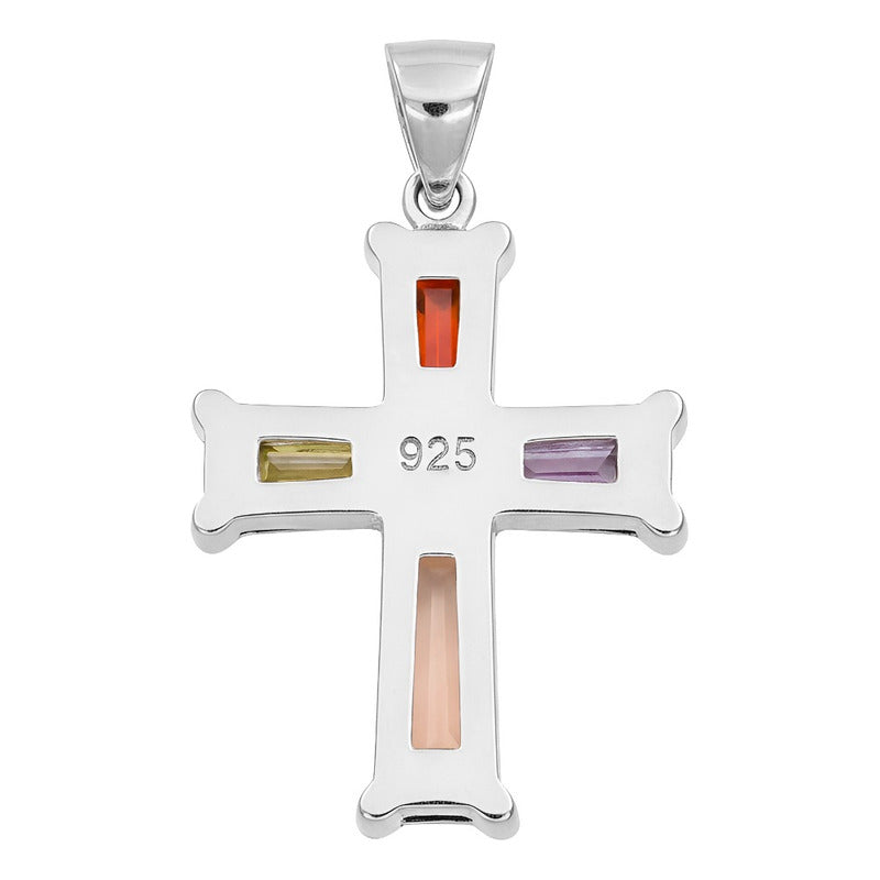 Dije Cruz Fina Rodizada De Plata Ley .925 Zirconias 2.2 Cm Multicolor