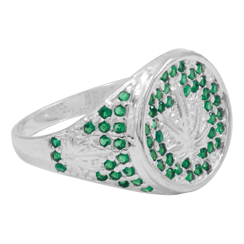 Anillo Marihuana Hoja Cánnabis Planta Plata 925 Hombre 8.5 Verde