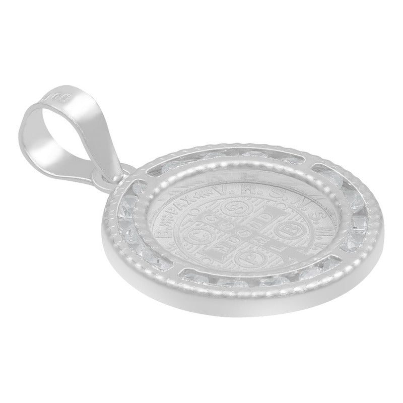 Dije Medalla Cruz San Benito Zirconias Plata 925 1.6 Cm Blanco