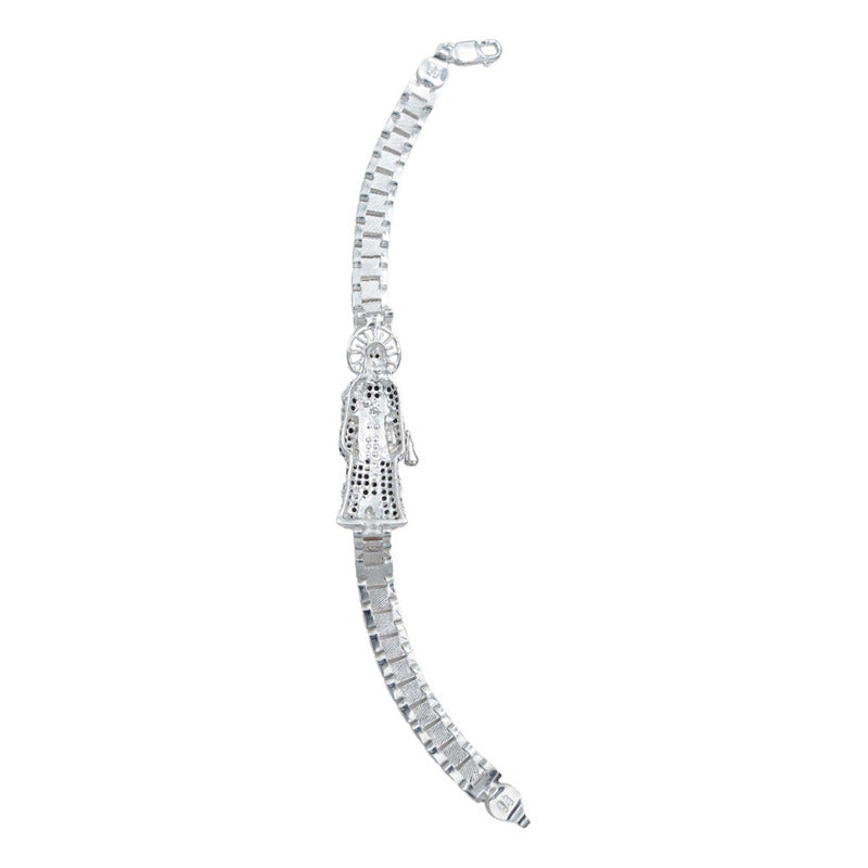 Pulsera Rolo Gruesa Santa Muerte Grande Zirconias Plata 925