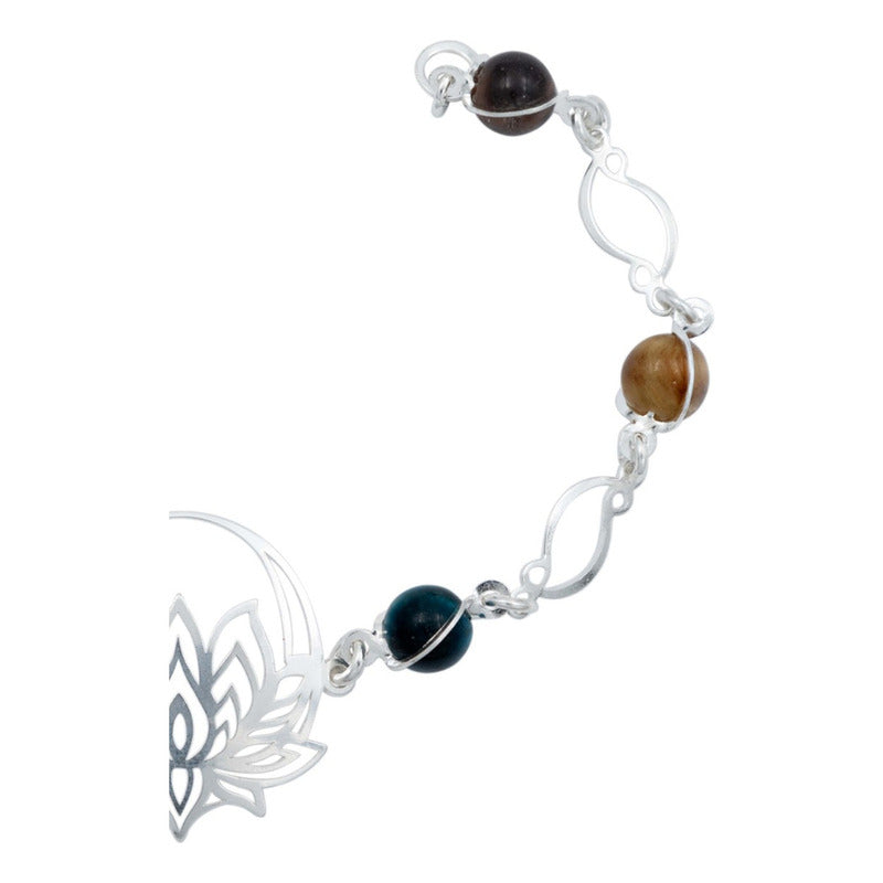 Pulsera Flor De Loto Piedra Natural Cuarzo Mujer Plata 925