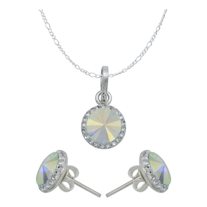 Juego Grande Cristal Dije Arete Cadena Mujer Regalo Plata925