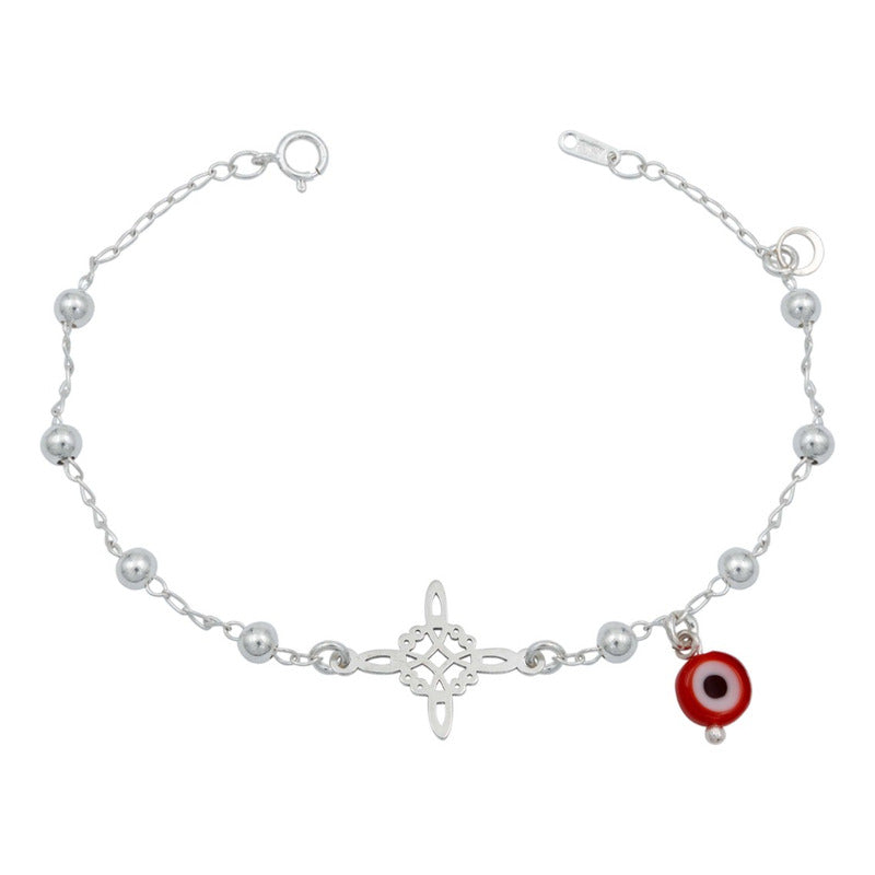 Pulsera Ajustable Nudo De Bruja Ojo Turco Bolitas Plata 925