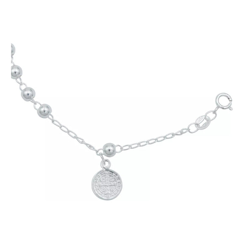 Pulsera Misterio San Benito Bola Lisa 4 Mm Unisex Plata S925 Plateado 6 Cm 18 Cm