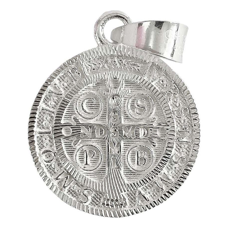 Medalla Doble Vista Diamantada San Benito Plata 925 2.4 Cm