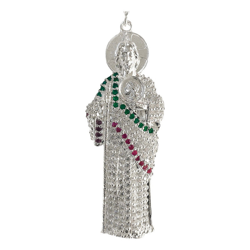 Enorme Dije De San Judas 9.5cm Con Zirconia De Plata Ley 925