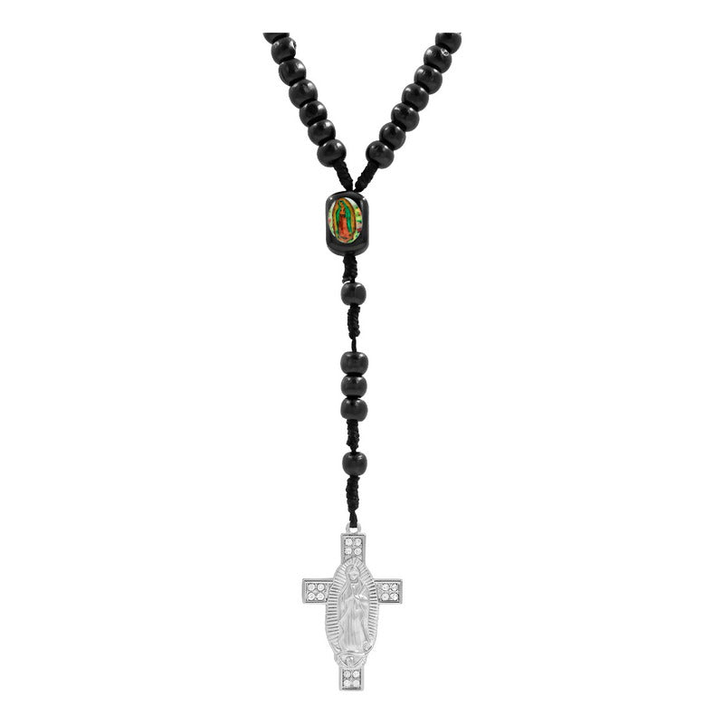 Rosario De Madera Con Cruz De La Virgen De Guadalupe Metal Negro