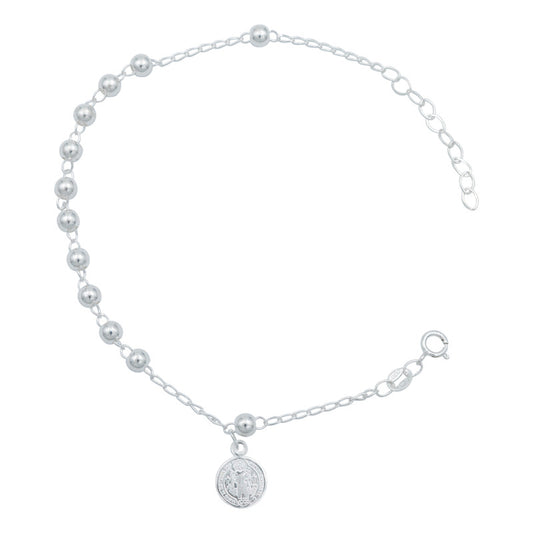 Pulsera Misterio San Benito Bola Lisa 4 Mm Unisex Plata 925