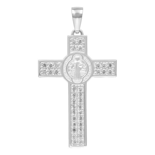Dije Doble Vista Cruz San Benito Plata 925 Zirconias 3 Cm Blanco