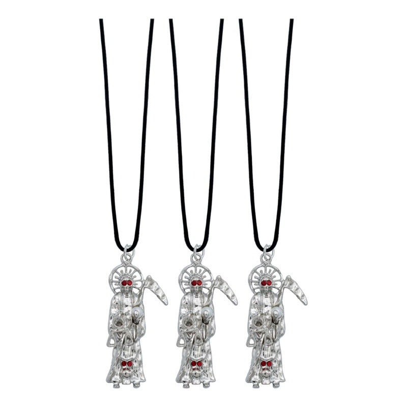 3 Piezas Collar Dije Santa Muerte Calavera Piedra Caucho
