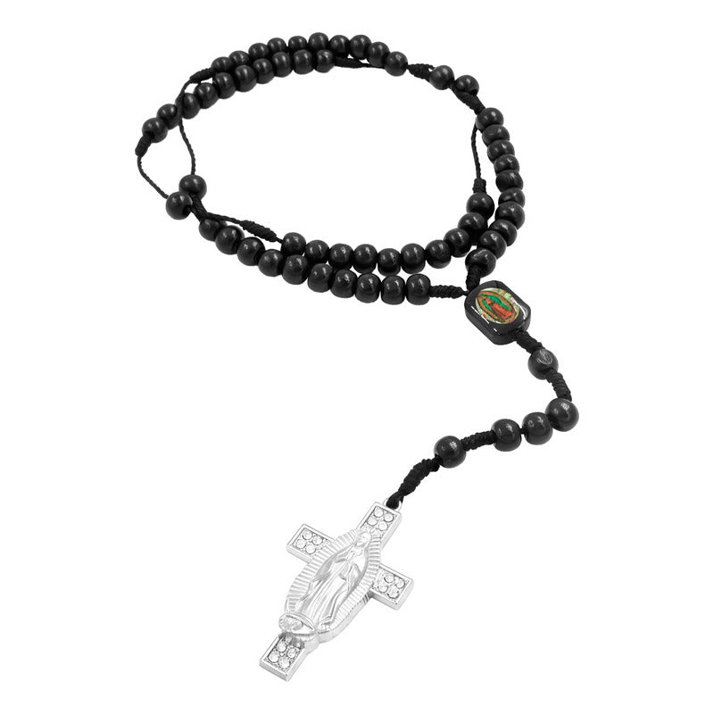 Rosario De Madera Con Cruz De La Virgen De Guadalupe Metal Negro